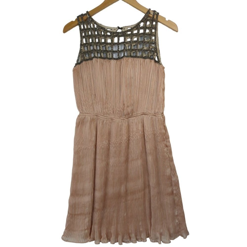 Gianni Bini Dress Womens M Beaded Neck Pleated Blush Pink Sleeveless